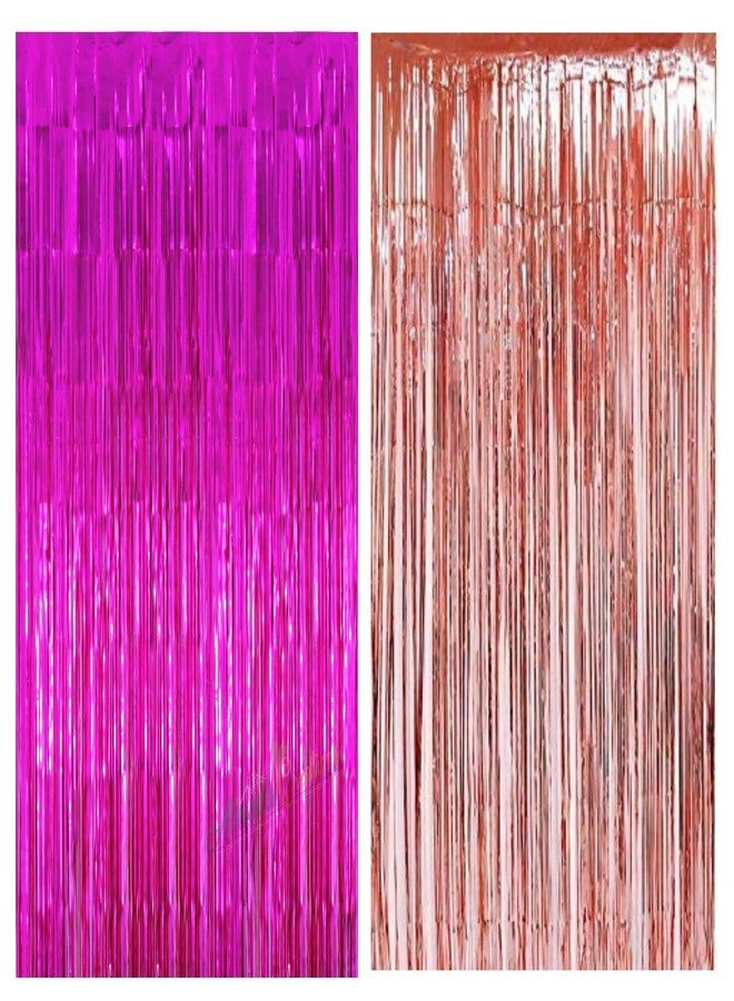 WOLFANO Metallic Foil Fringe Curtains for DJ, Disco Theme and Birthday Party Decorations, 6 ft Long (Purple,Rose Gold) (Pack of 2) - Image 1